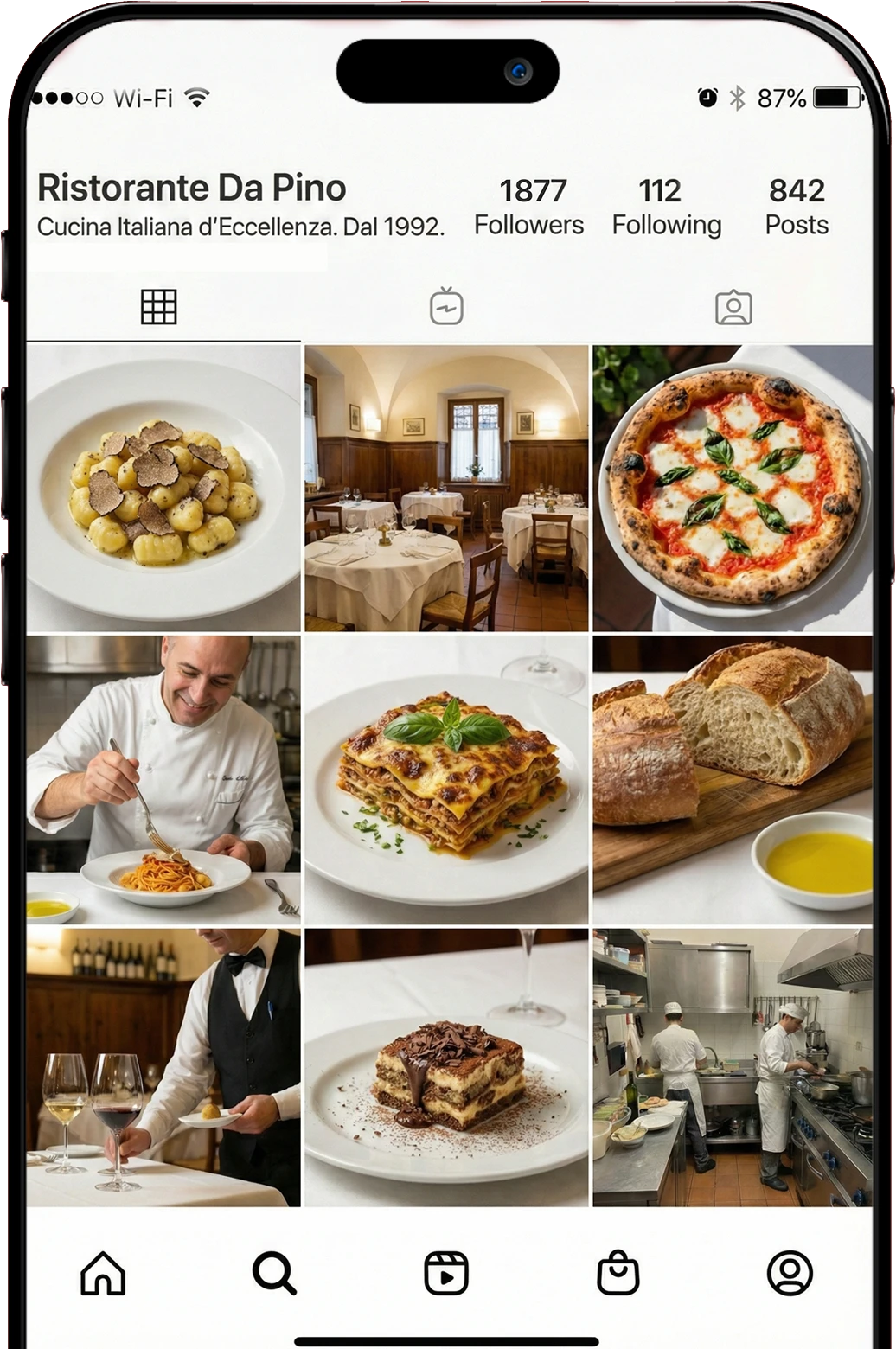 Lo stesso feed Instagram con le foto dei piatti curate da ScattaLab