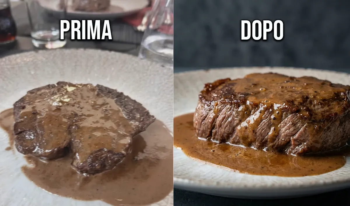 Confronto prima e dopo di una foto di carne alla griglia