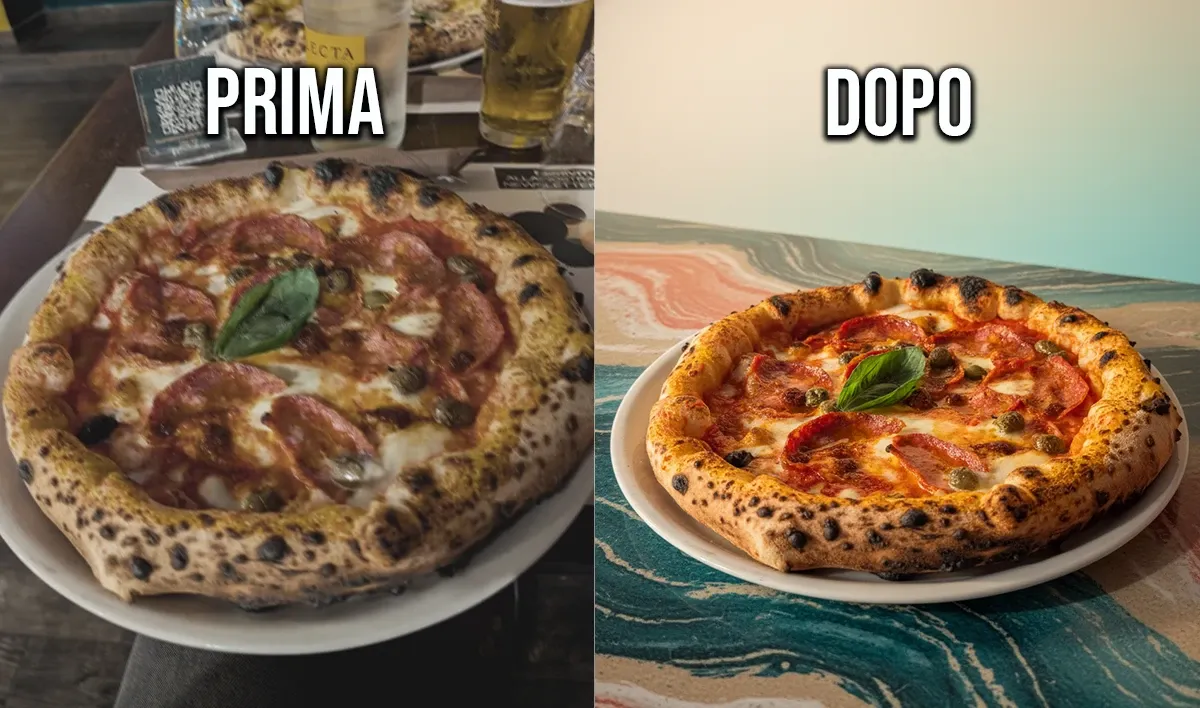 Confronto prima e dopo di una foto di pizza