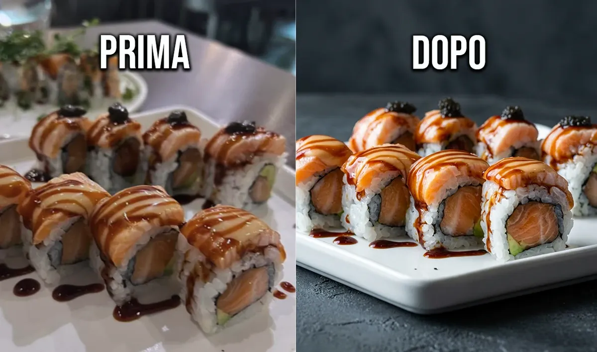 Confronto prima e dopo di una foto di sushi