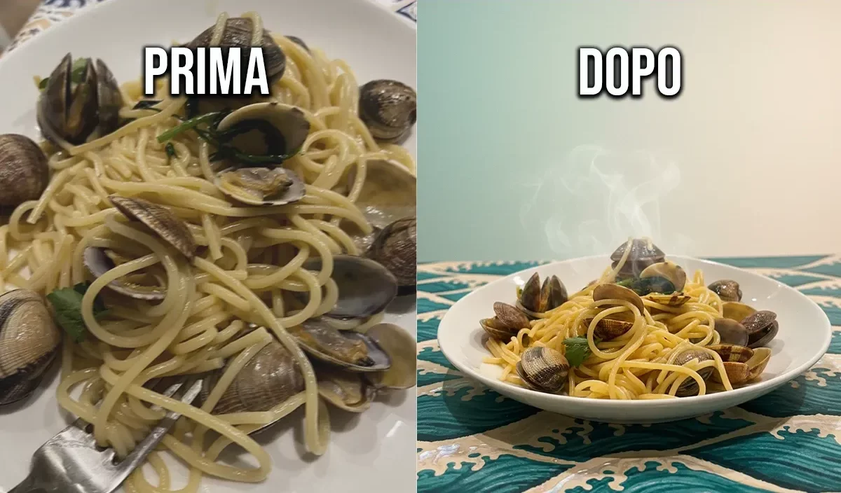 Confronto prima e dopo di una foto di spaghetti alle vongole