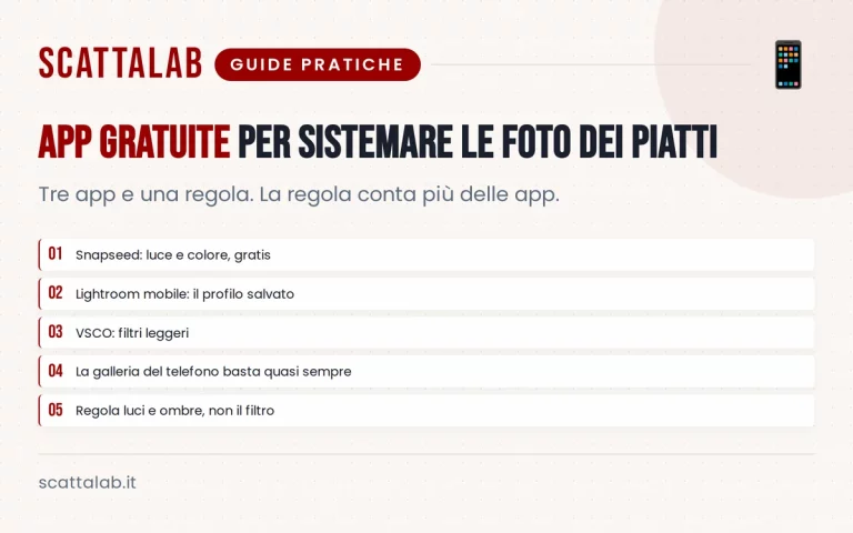 Infografica con app gratuite per modificare foto di piatti al ristorante