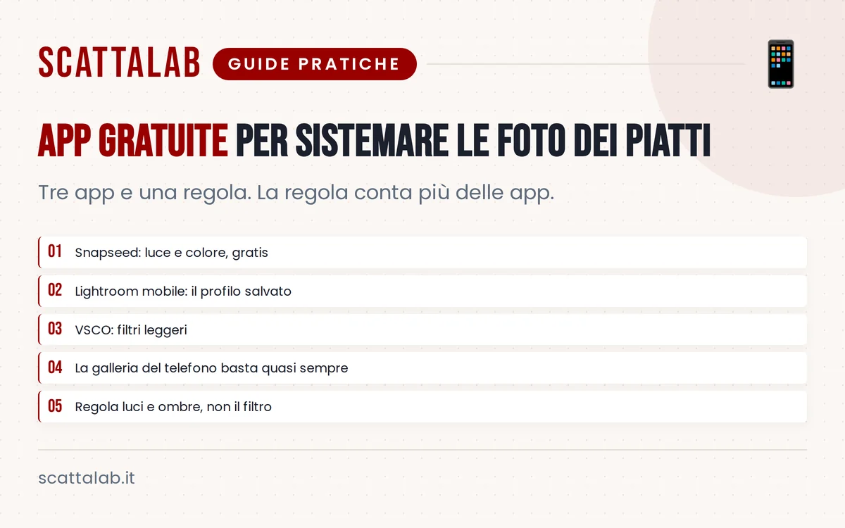 Infografica con app gratuite per modificare foto di piatti al ristorante