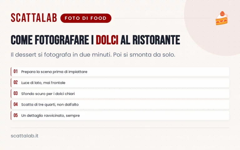 Infografica con consigli pratici per fotografare dolci al ristorante