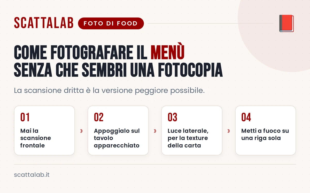 Infografica con esempi di inquadrature diverse per fotografare piatti del menù