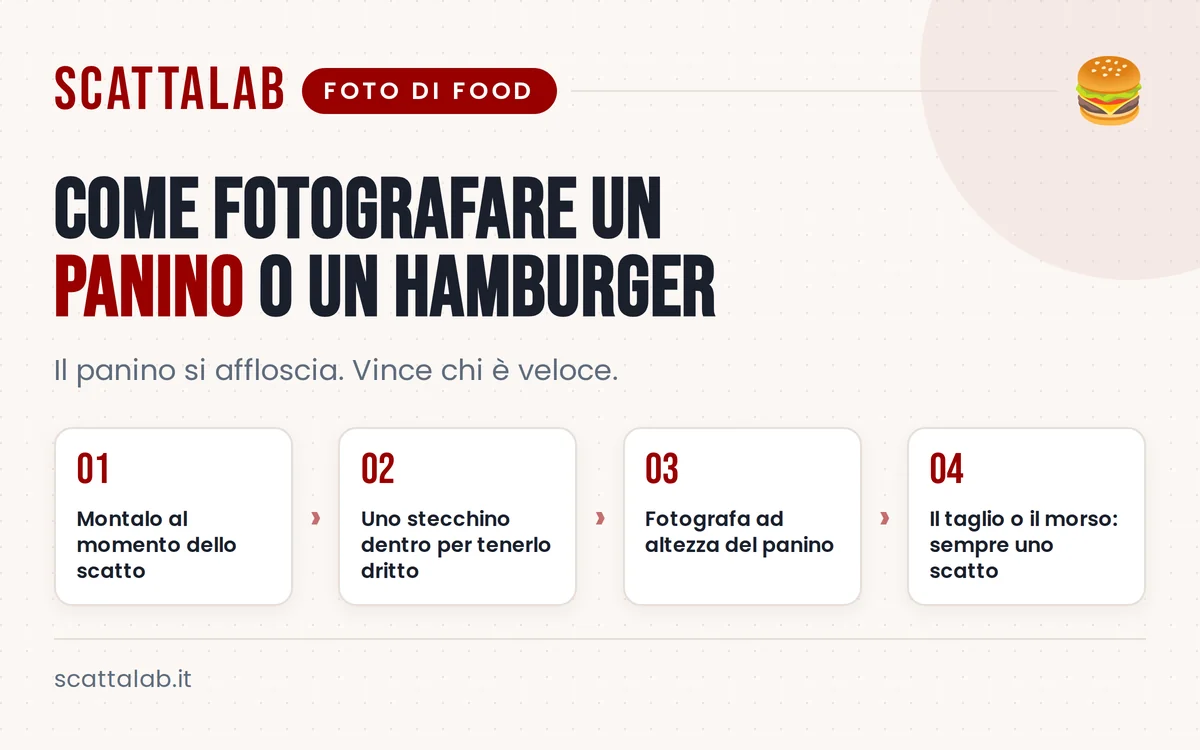 Infografica con consigli pratici per fotografare hamburger e panini appetitosi
